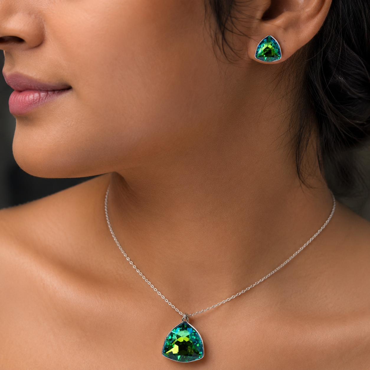 Emerald Green Triangle Crystal Necklace and Earrings Set