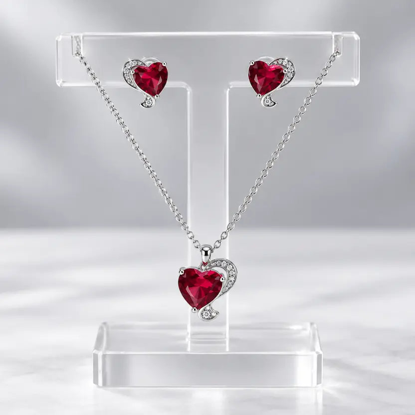 Red Heart CZ Necklace and Earrings Set