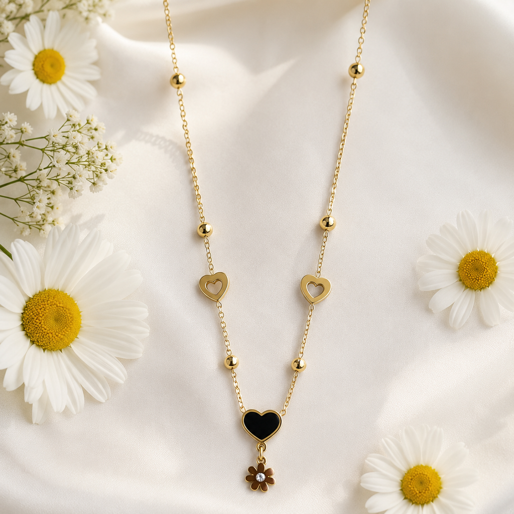 Black Enamel Heart Daisy Flower Drop Necklace