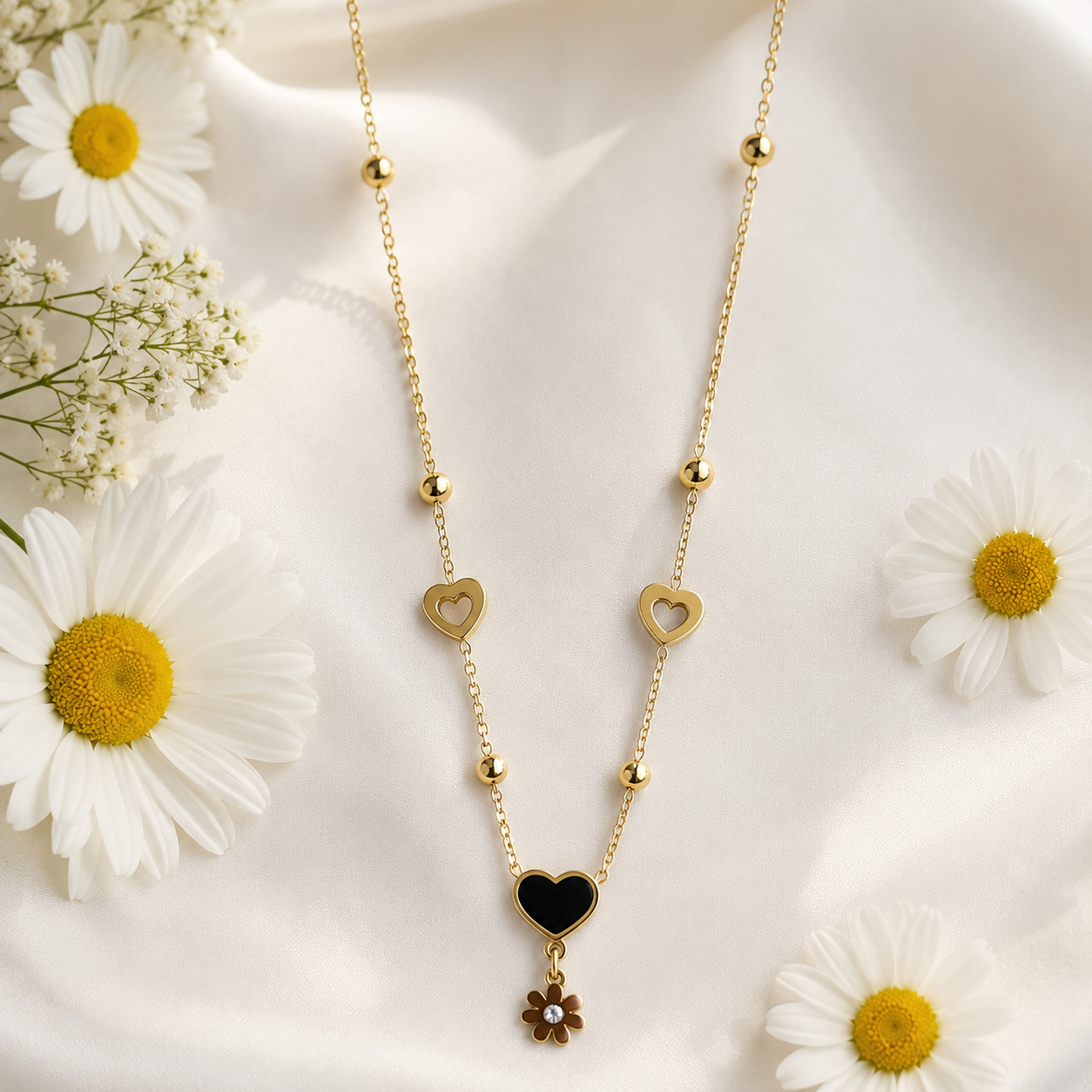 Black Enamel Heart Daisy Flower Drop Necklace