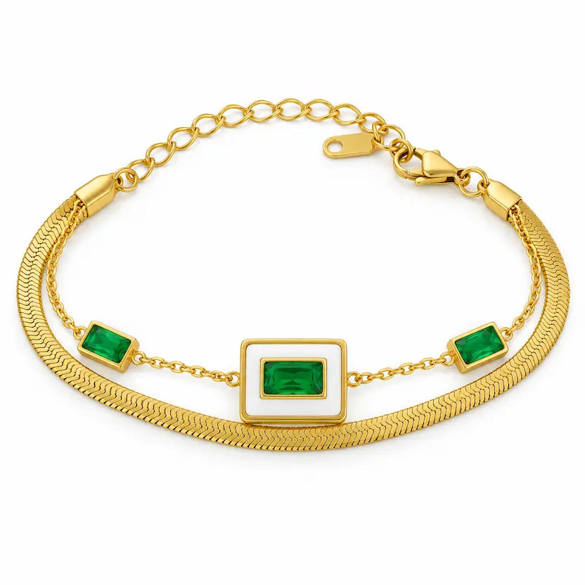 Layered Green Stone Snake Chain Bracelet