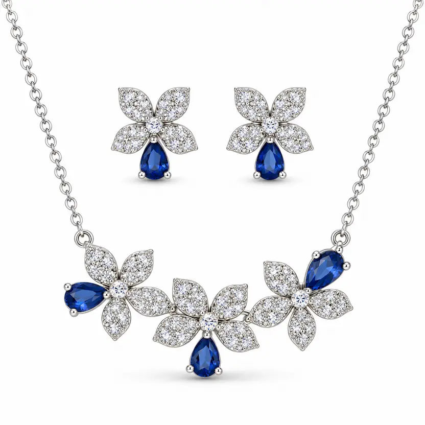 Blue Floral CZ Necklace and Earrings Set