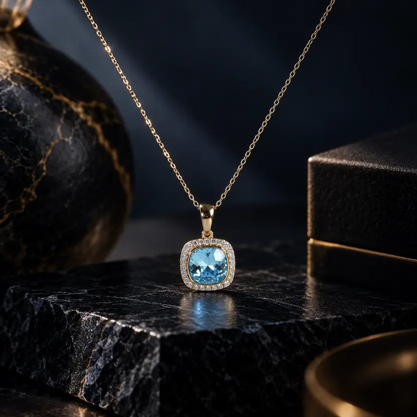 Aqua Blue Swarovski Crystal Halo Necklace
