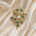 Emerald Green Crystal Bow Pearl Gold-Tone Brooch