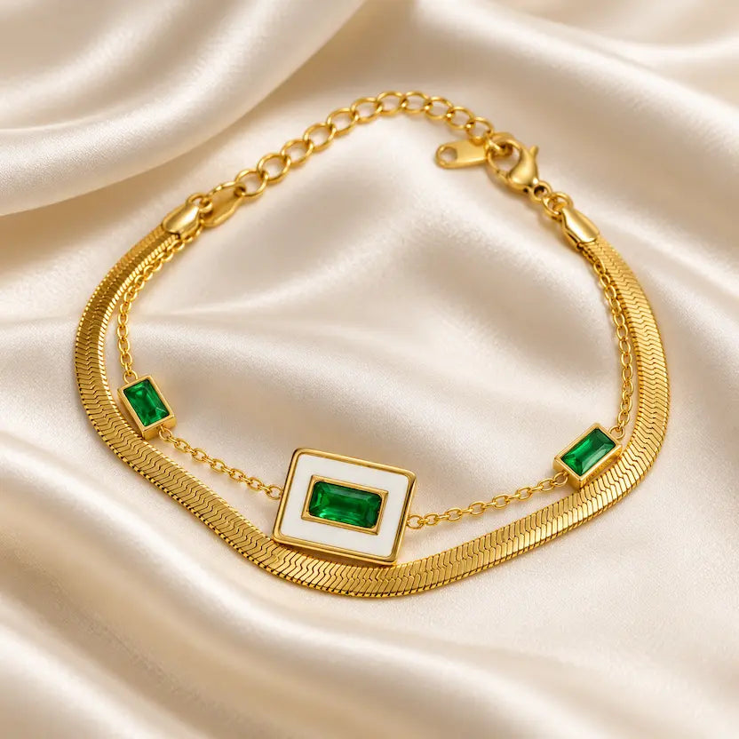 Layered Green Stone Snake Chain Bracelet