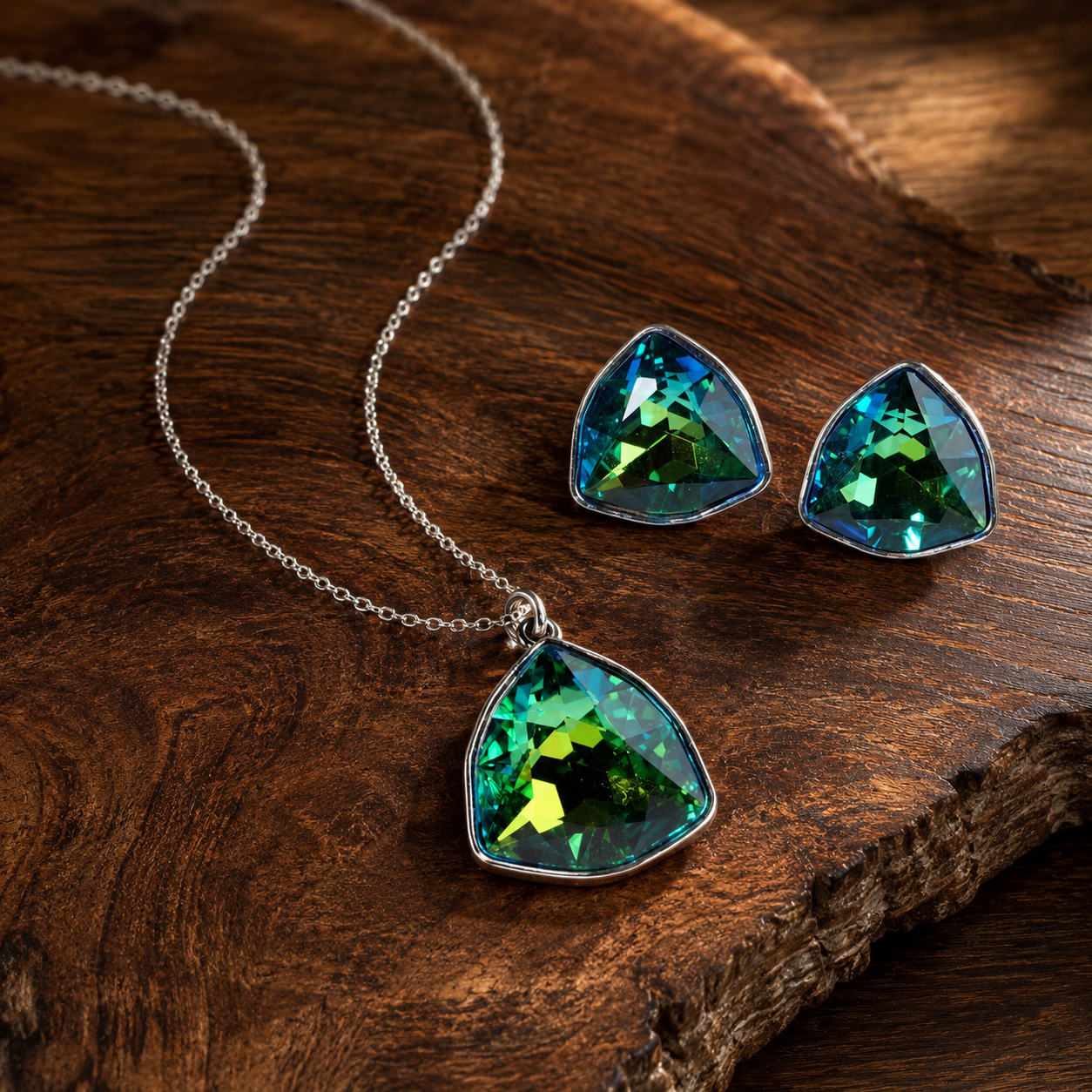 Emerald Green Triangle Crystal Necklace and Earrings Set