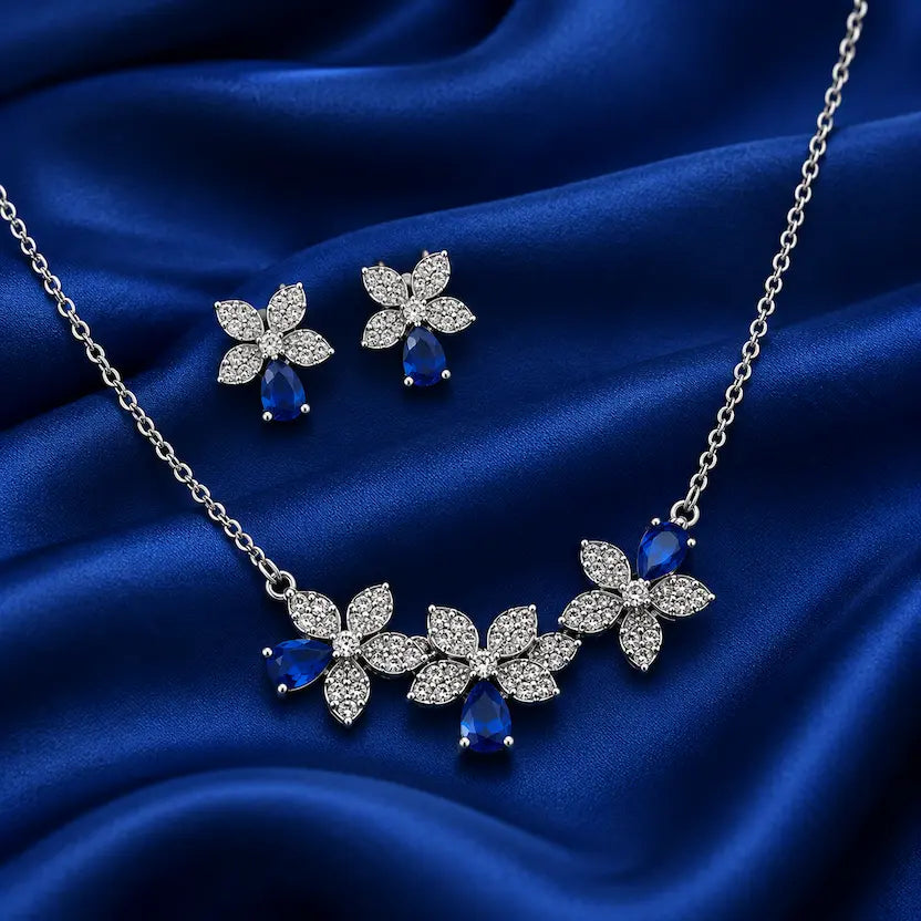 Blue Floral CZ Necklace and Earrings Set