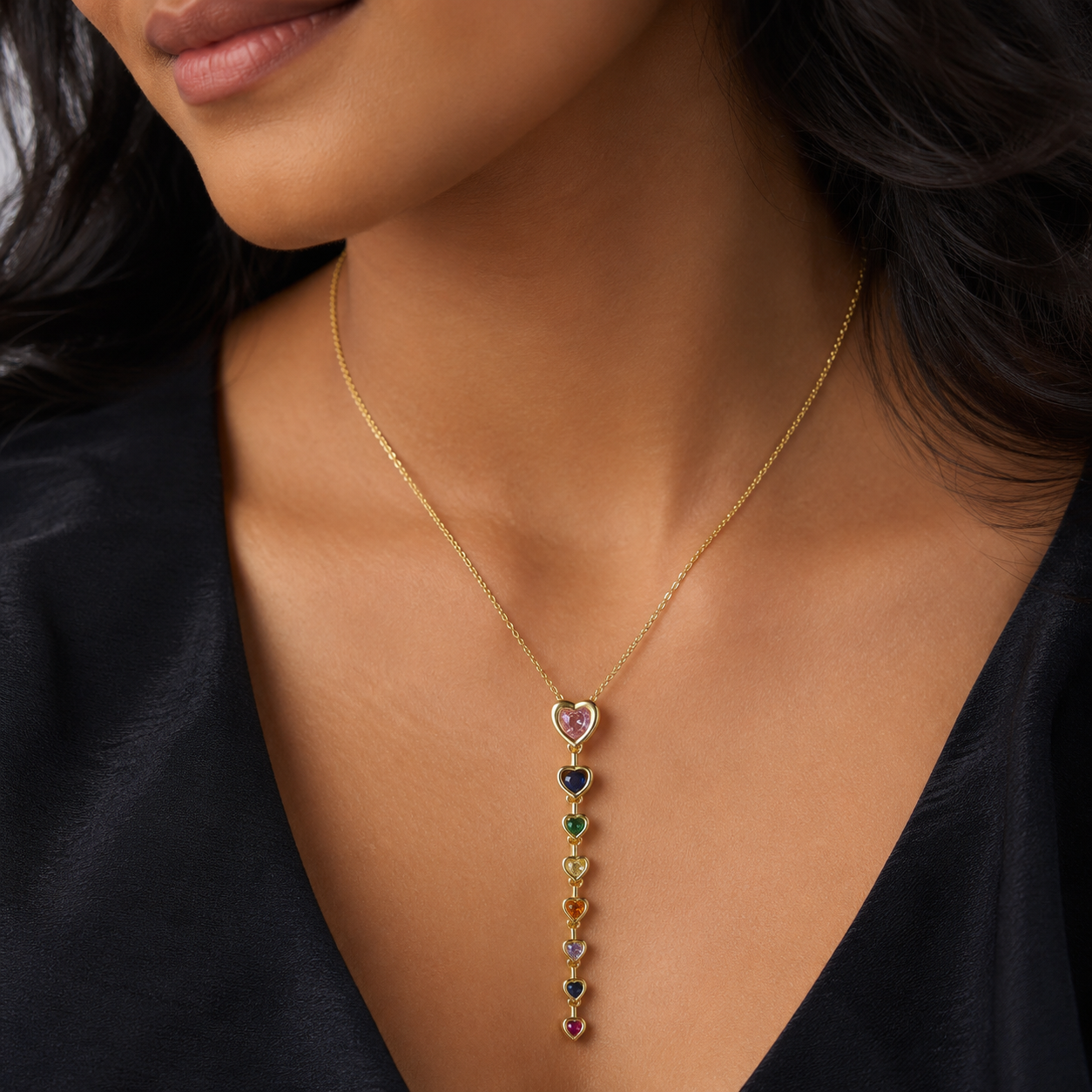 Multicolour Heart Y-Drop Gold-Tone Necklace