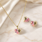 Duo Pink Heart Necklace Earrings Set