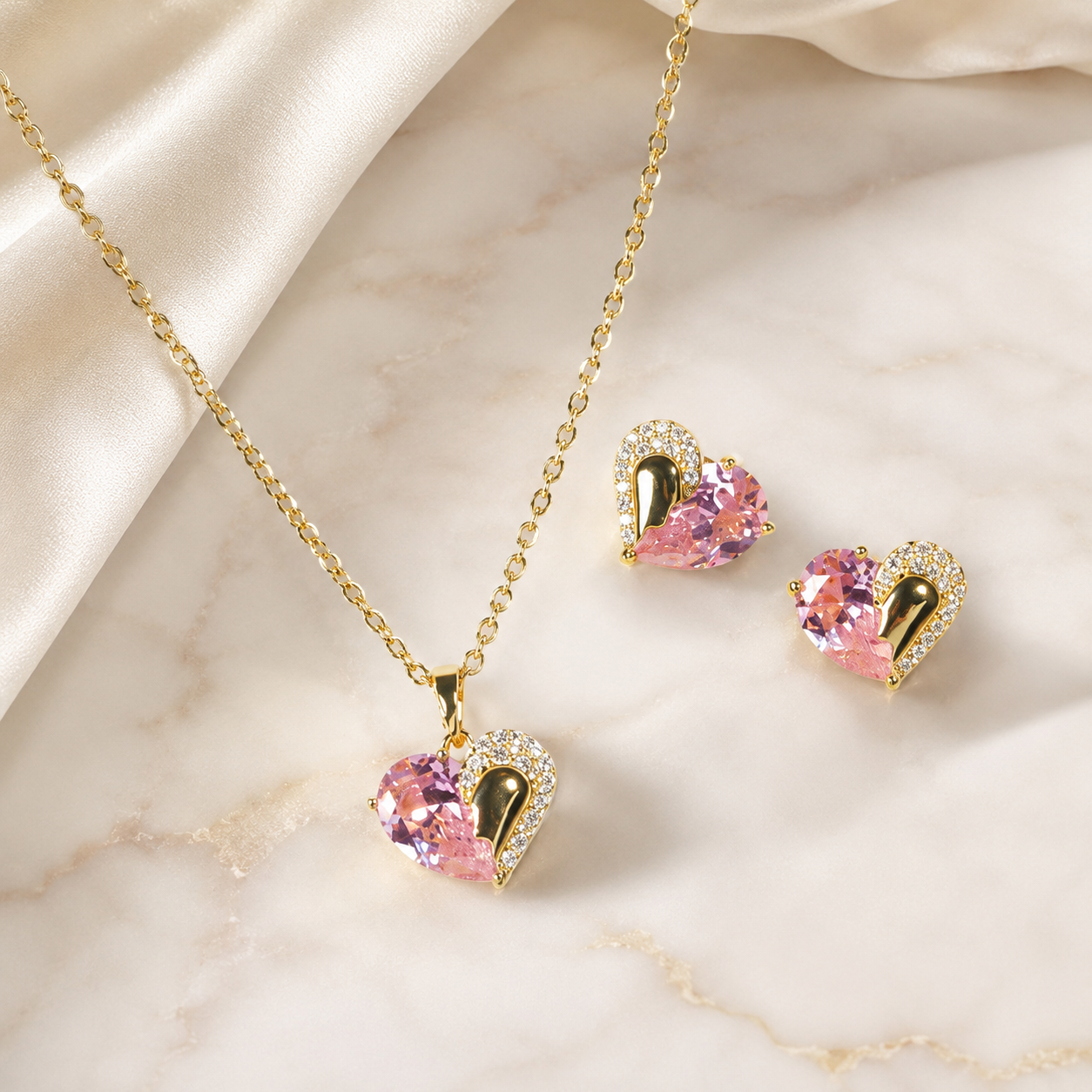 Duo Pink Heart Necklace Earrings Set