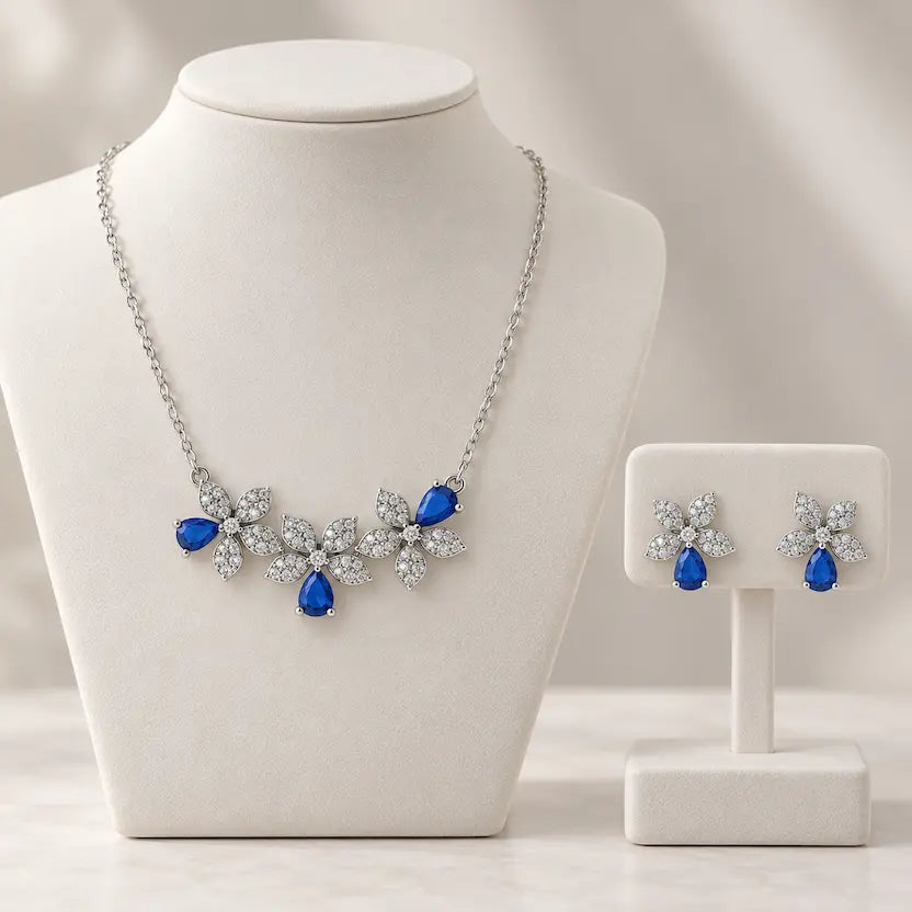 Blue Floral CZ Necklace and Earrings Set