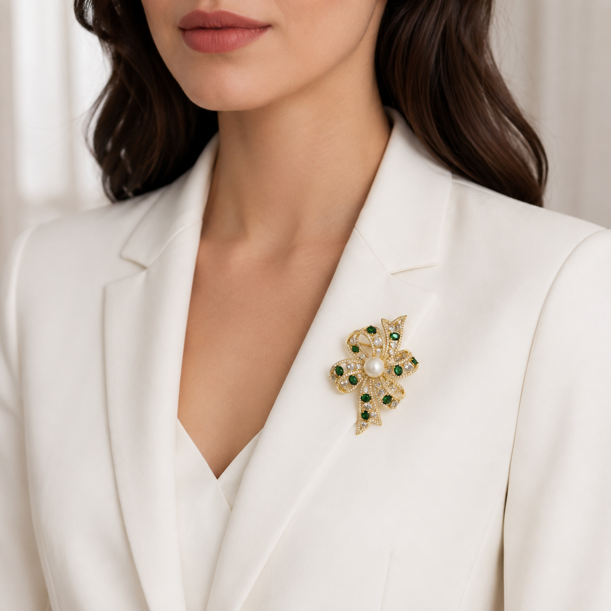 Emerald Green Crystal Bow Pearl Gold-Tone Brooch