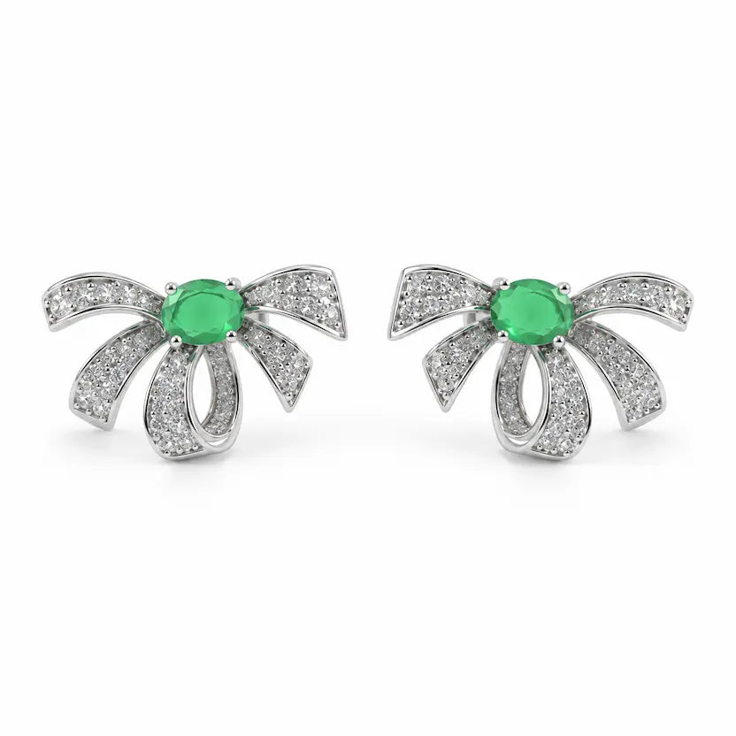 Emerald Ribbon Bow Stud Earrings