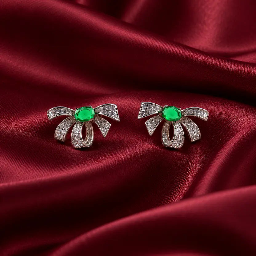 Emerald Ribbon Bow Stud Earrings