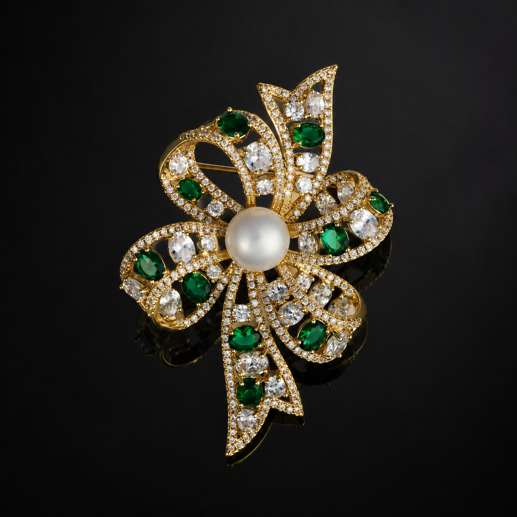 Emerald Green Crystal Bow Pearl Gold-Tone Brooch