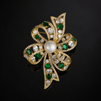 Emerald Green Crystal Bow Pearl Gold-Tone Brooch