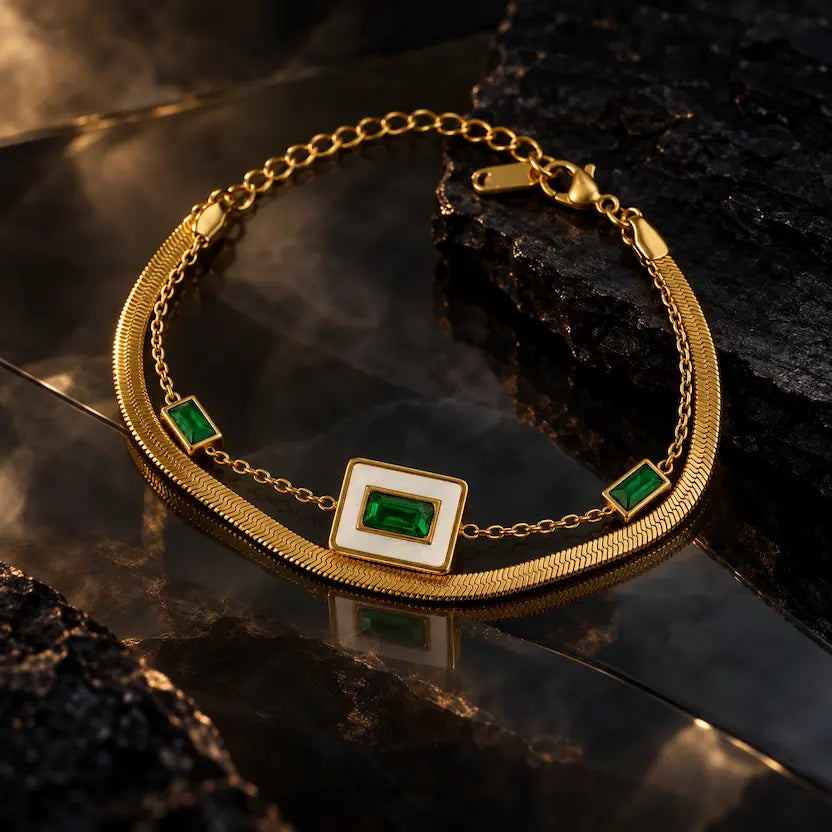 Layered Green Stone Snake Chain Bracelet