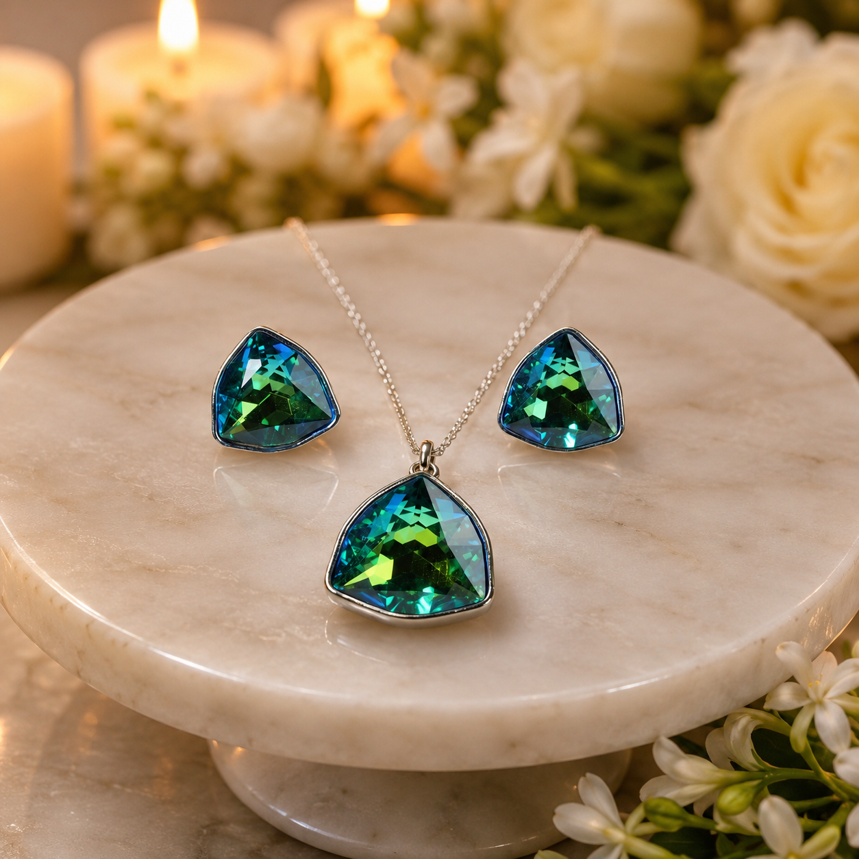 Emerald Green Triangle Crystal Necklace and Earrings Set