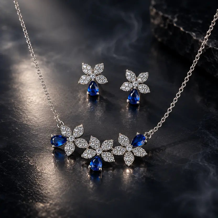 Blue Floral CZ Necklace and Earrings Set