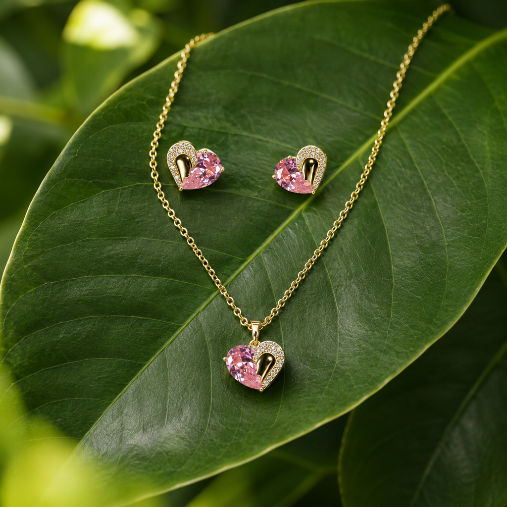 Duo Pink Heart Necklace Earrings Set