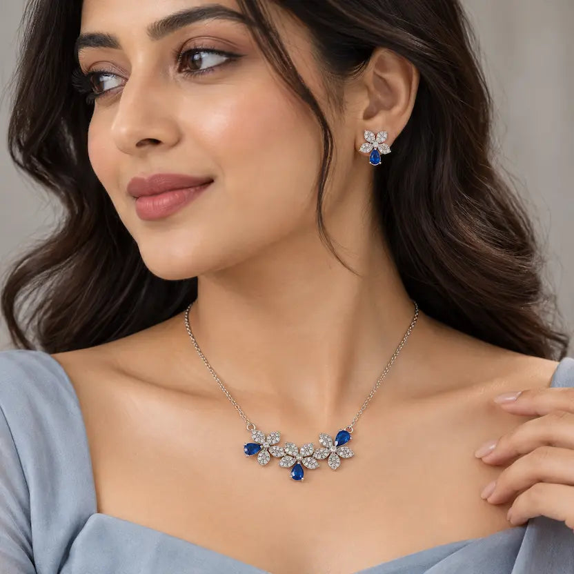 Blue Floral CZ Necklace and Earrings Set