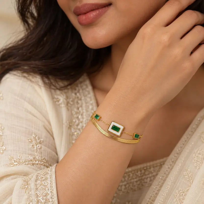 Layered Green Stone Snake Chain Bracelet
