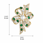 Emerald Green Crystal Bow Pearl Gold-Tone Brooch