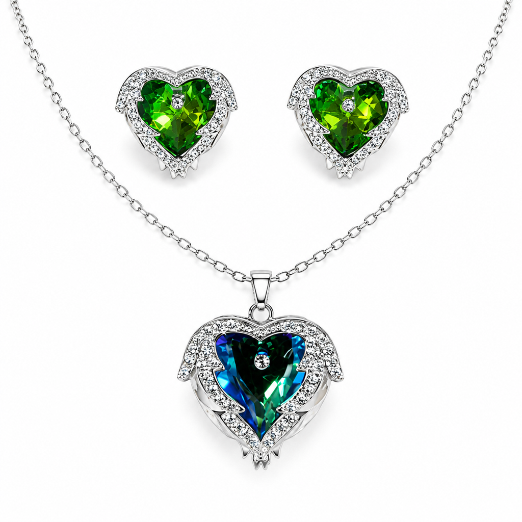 Green Heart Wing Crystal Necklace and Earrings Set