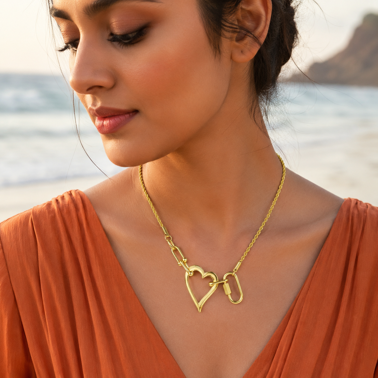 Open Heart Rope Statement Necklace