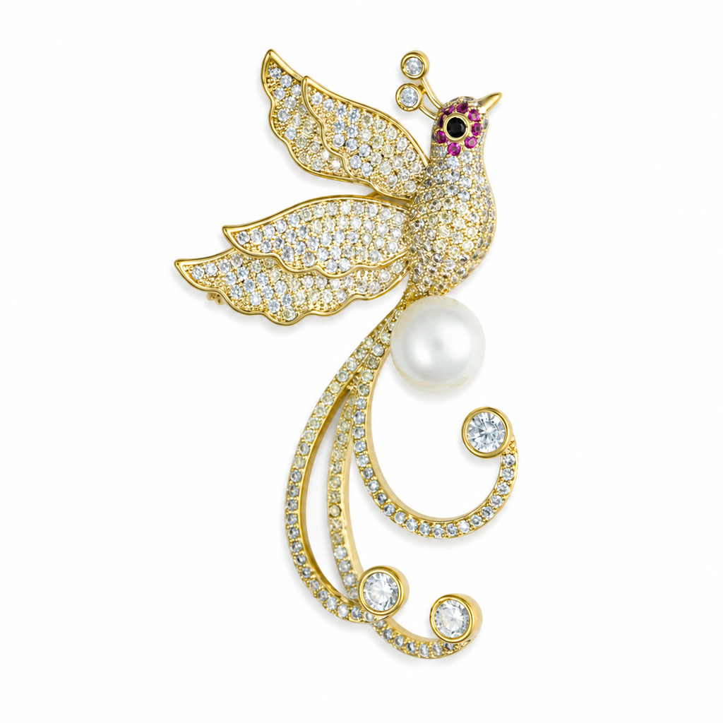 Crystal Pavé Peacock Pearl Gold-Tone Brooch