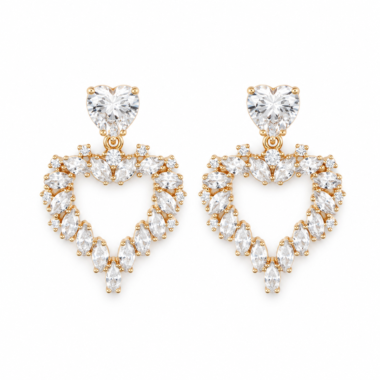 Crystal Heart CZ Gold-Tone Drop Earrings