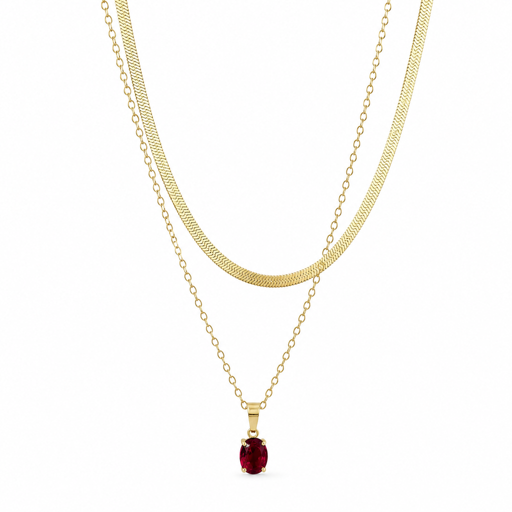 Ruby Red Stone Snake Chain Layered Necklace
