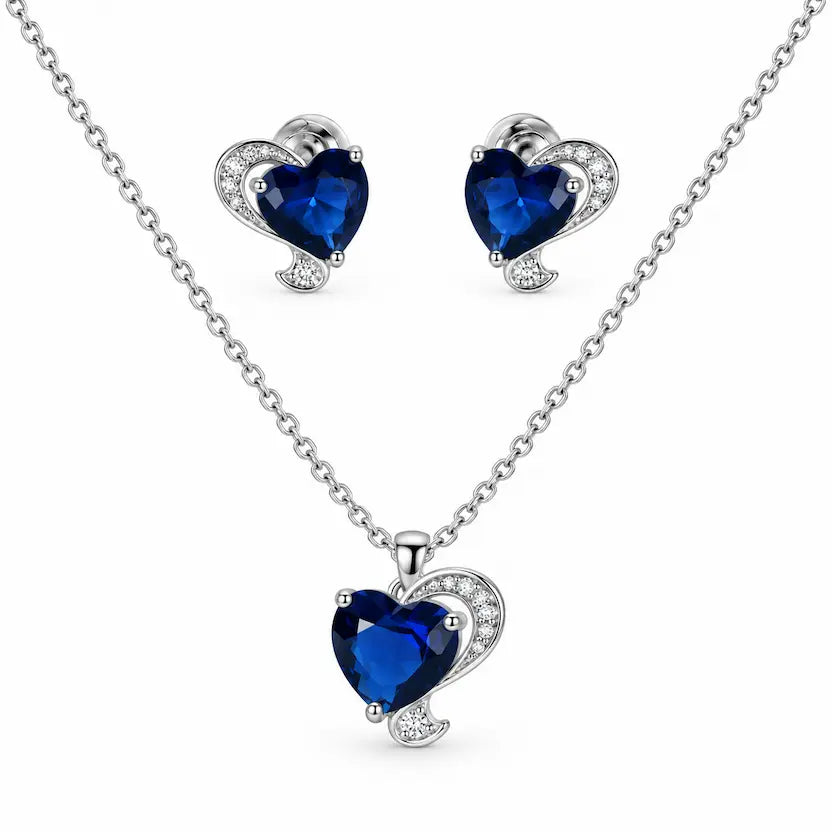 Blue Heart CZ Necklace and Earrings Set