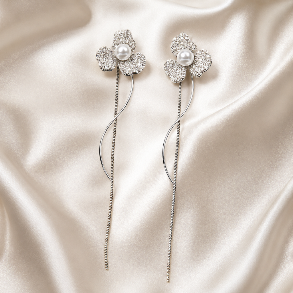 Pearl Tri Petal Silver Stud Earrings