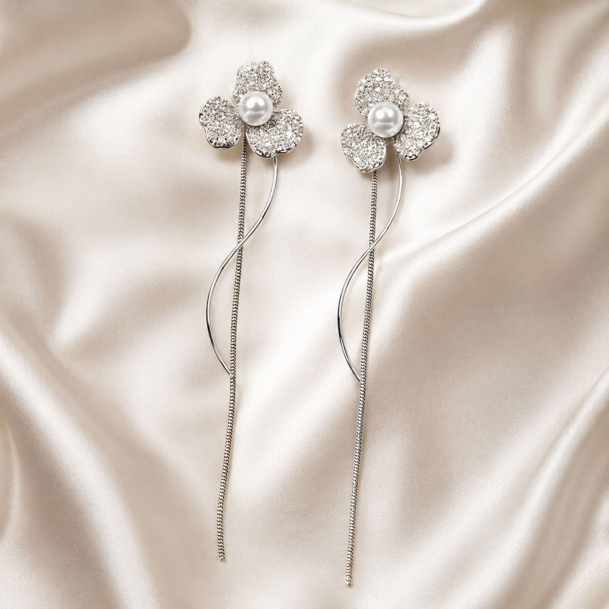 Pearl Tri Petal Silver Stud Earrings