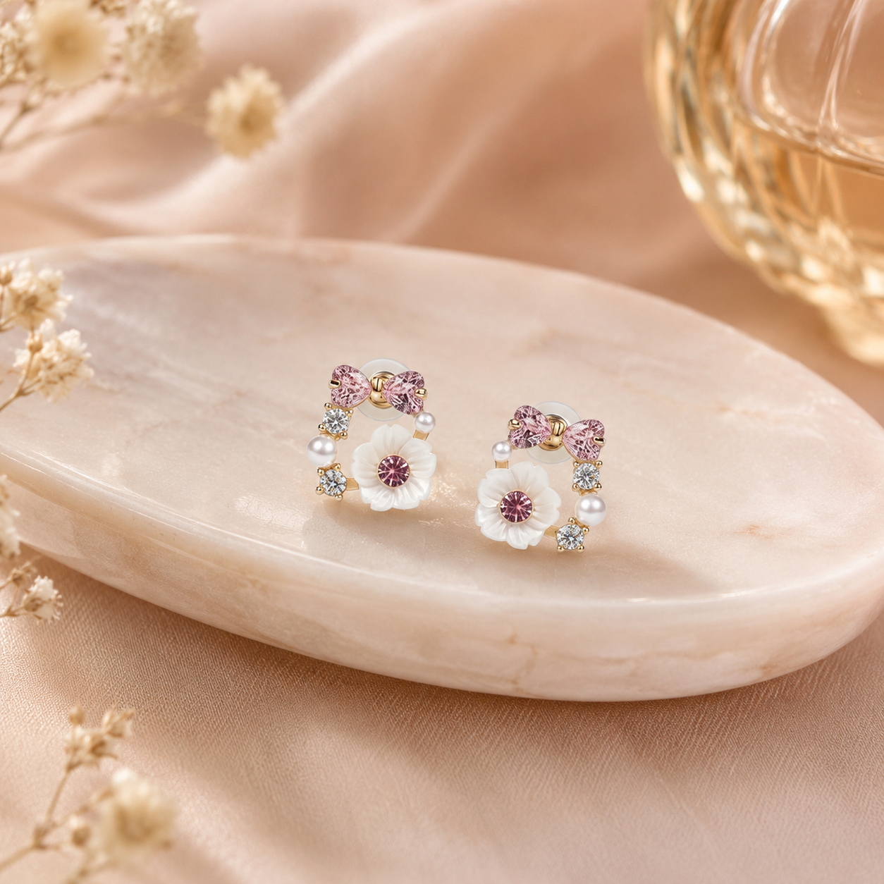 Rose Pearl Bow Stud Earrings