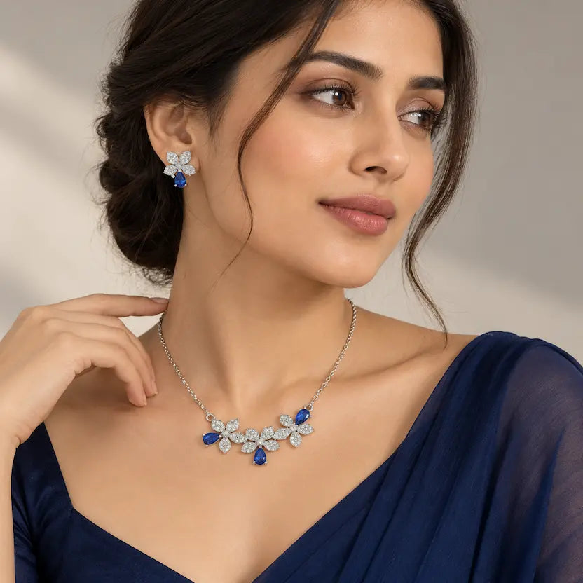 Blue Floral CZ Necklace and Earrings Set