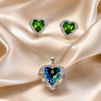 Green Heart Wing Crystal Necklace and Earrings Set