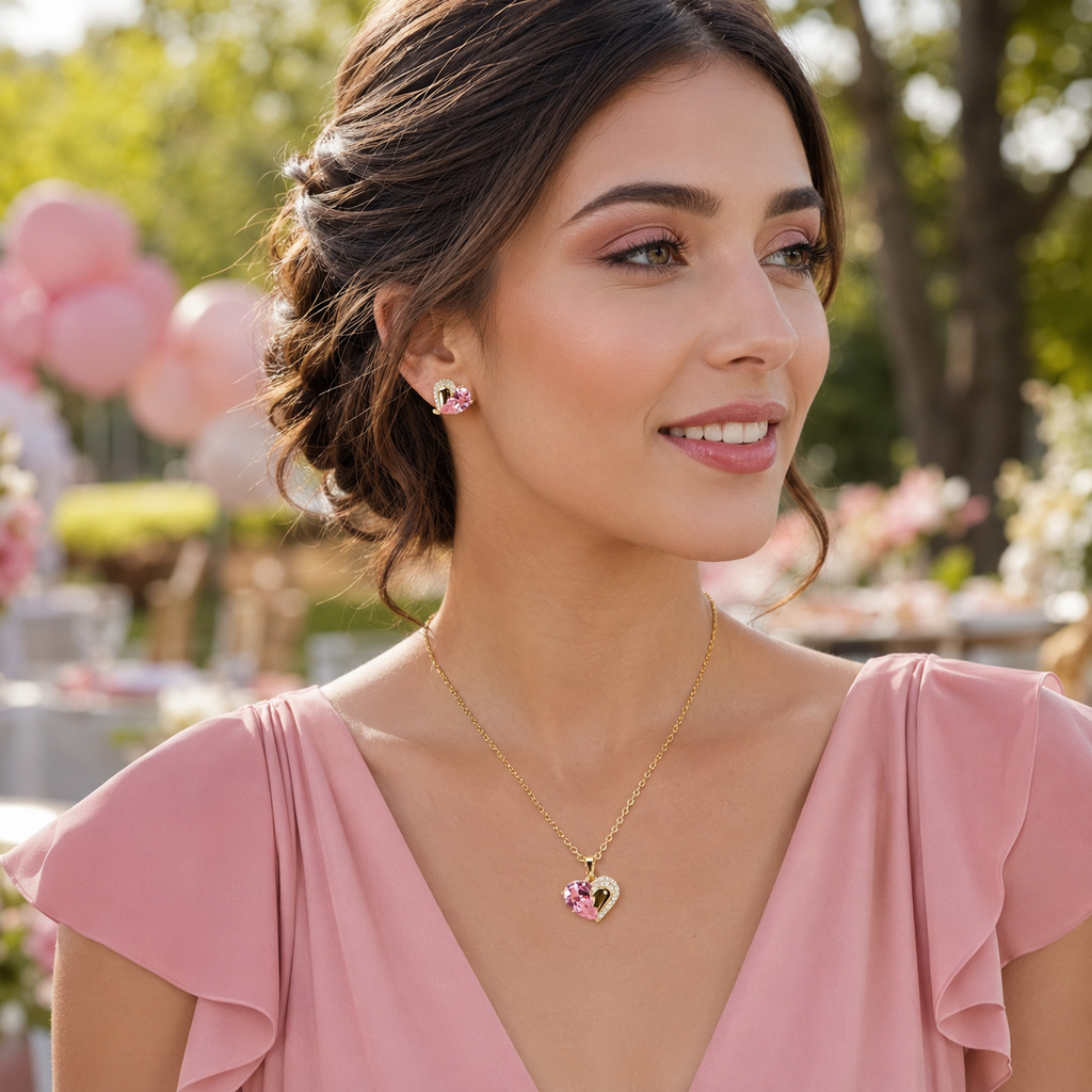 Duo Pink Heart Necklace Earrings Set