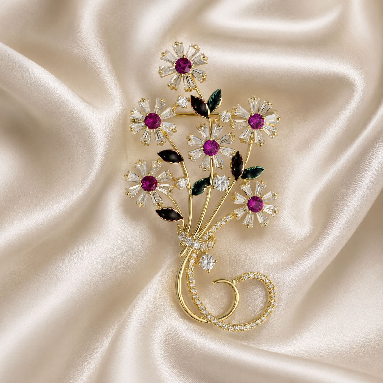 Pink Daisy Bouquet Gold-Tone Crystal Brooch