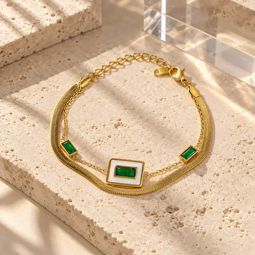 Layered Green Stone Snake Chain Bracelet