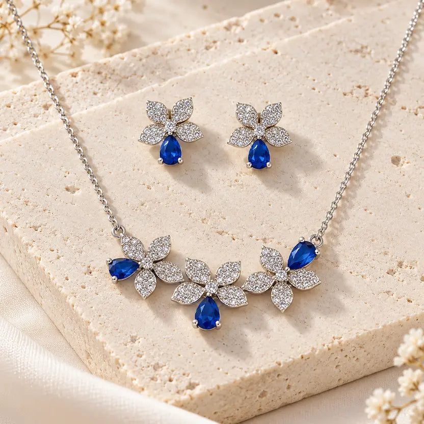 Blue Floral CZ Necklace and Earrings Set