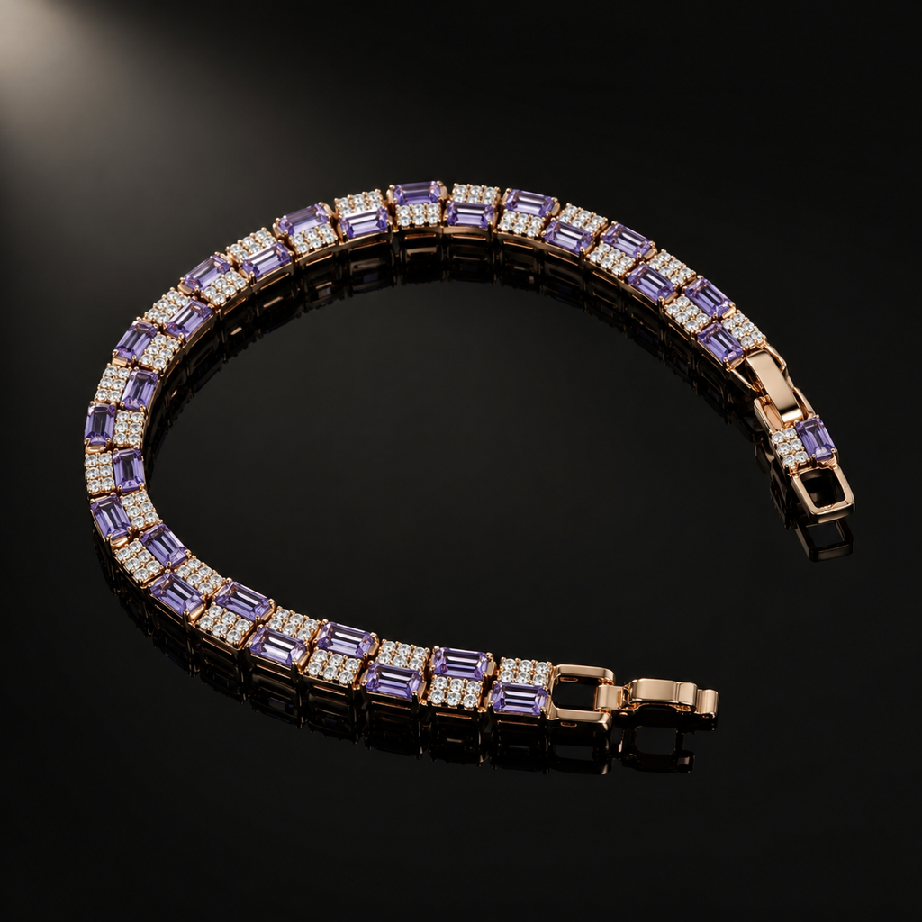 Purple Baguette CZ Rose-Gold Tone Tennis Bracelet