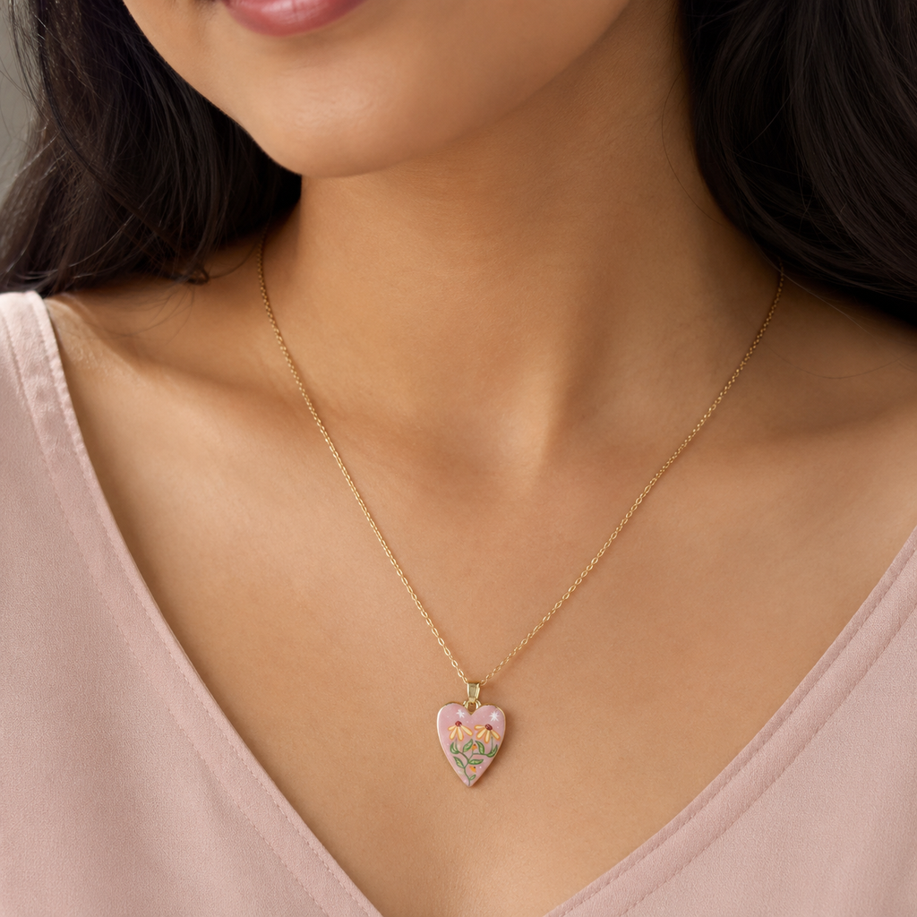 Hand-Painted Style Pink Floral Heart Necklace