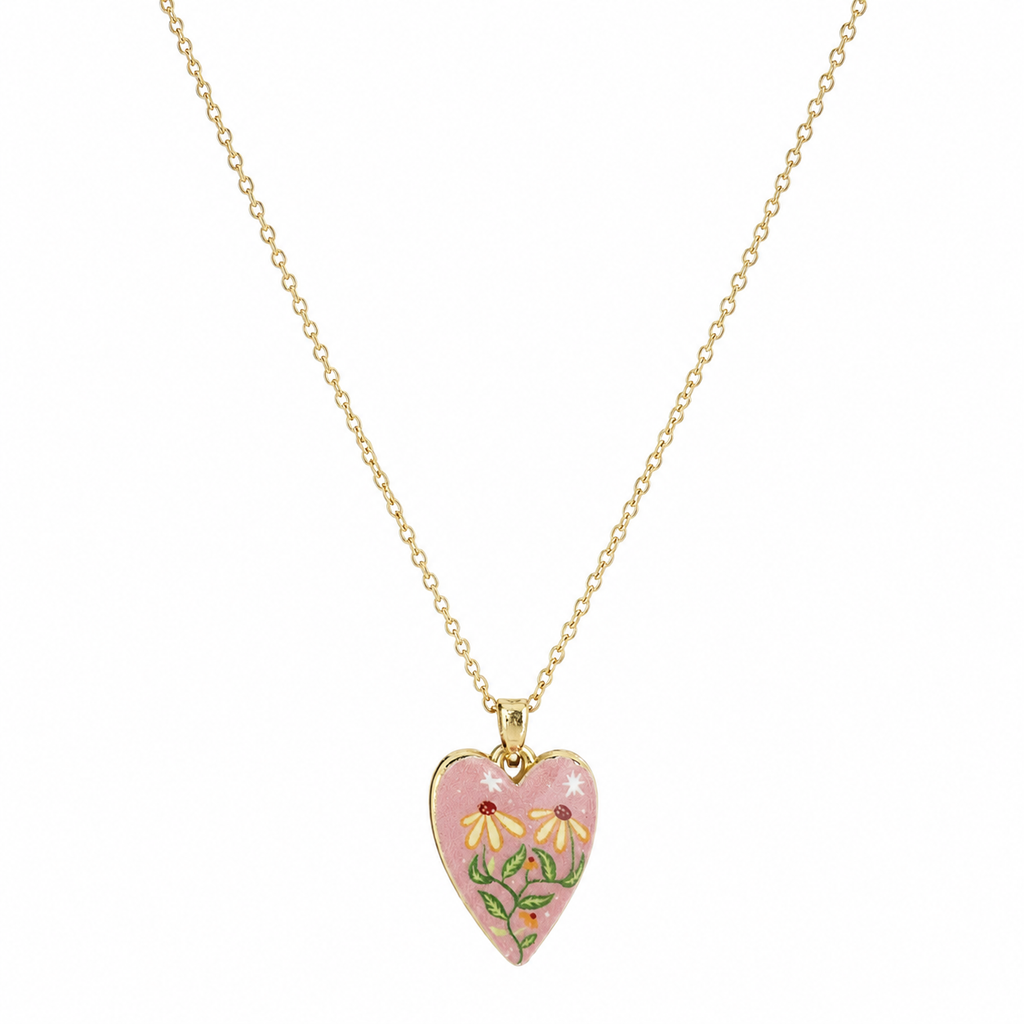 Hand-Painted Style Pink Floral Heart Necklace