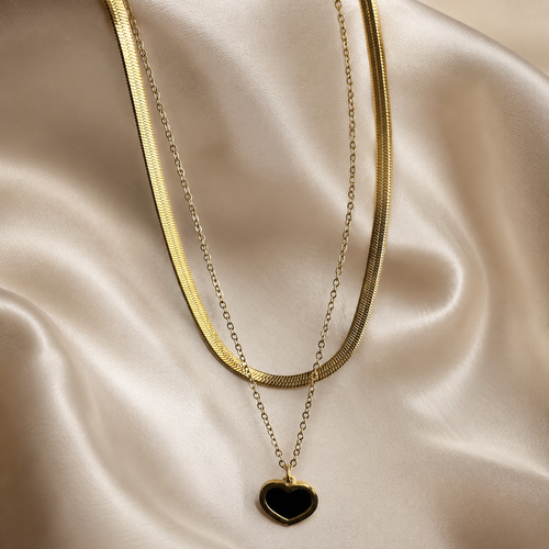 Black Enamel Heart Snake Chain Layered Necklace