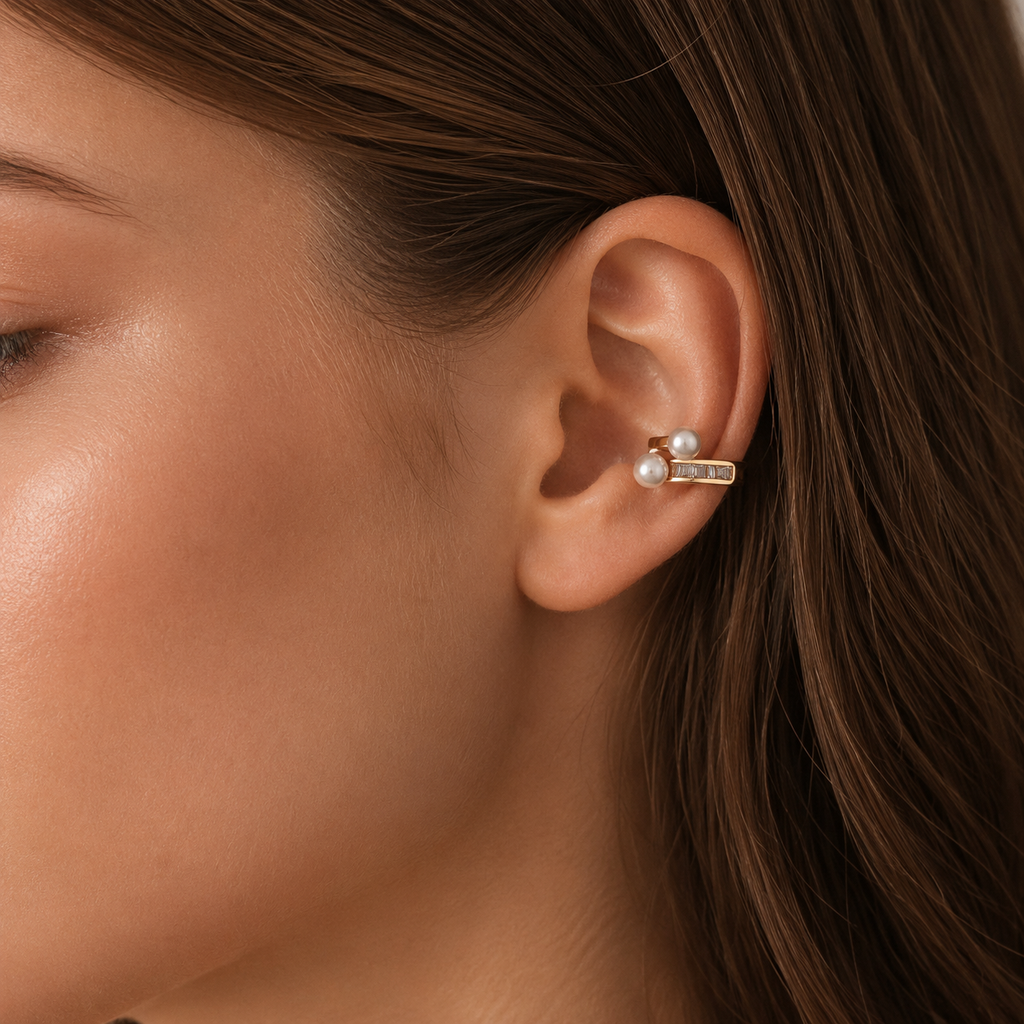 Double Pearl Crystal Gold-Tone Ear Cuff