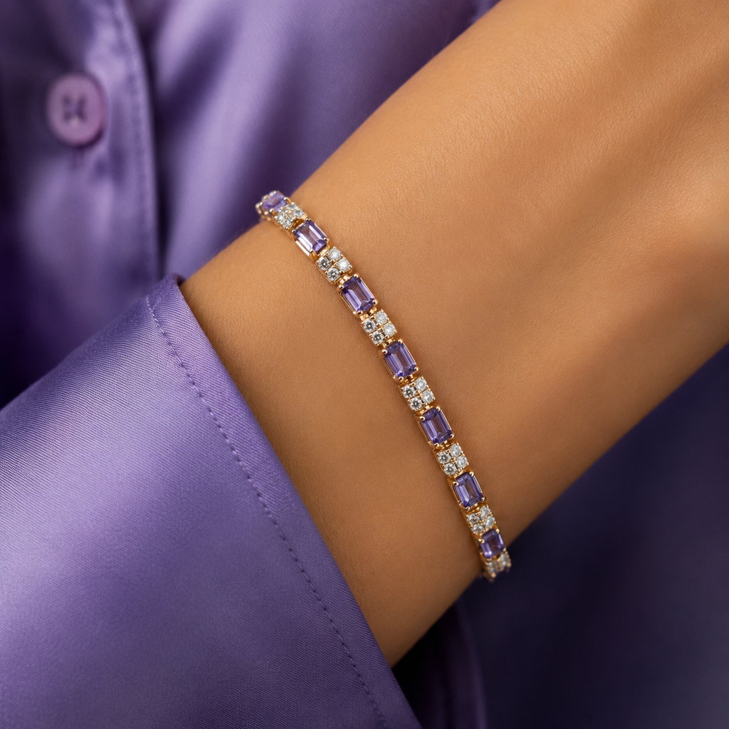 Purple Baguette CZ Rose-Gold Tone Tennis Bracelet
