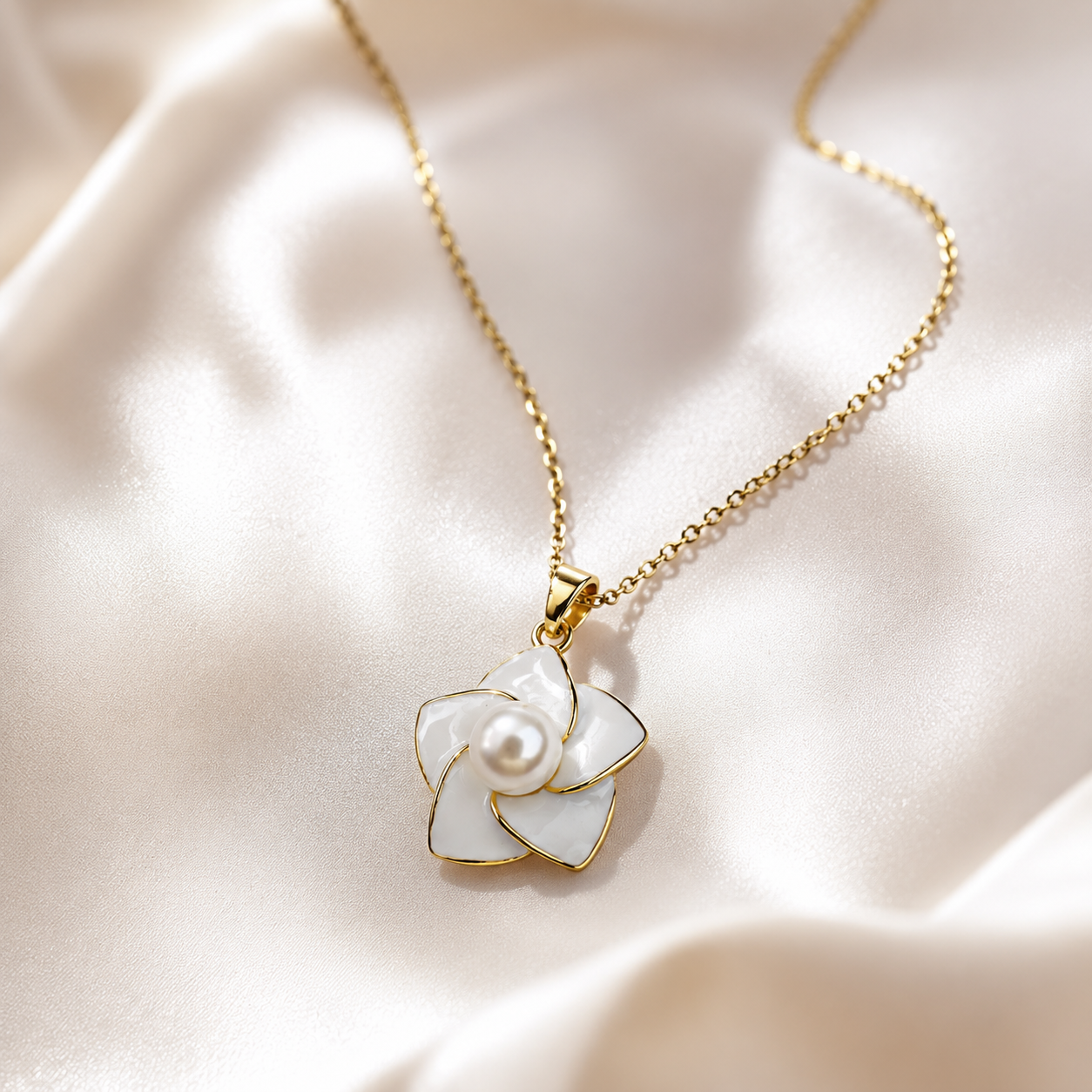 White Enamel Pearl Flower Necklace