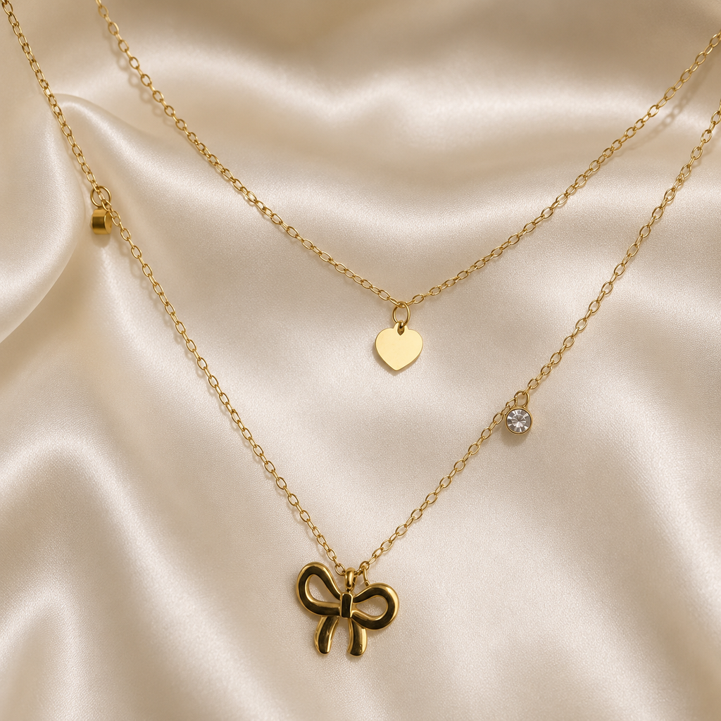 Bow and Heart With Solitare Charms Layered Necklace